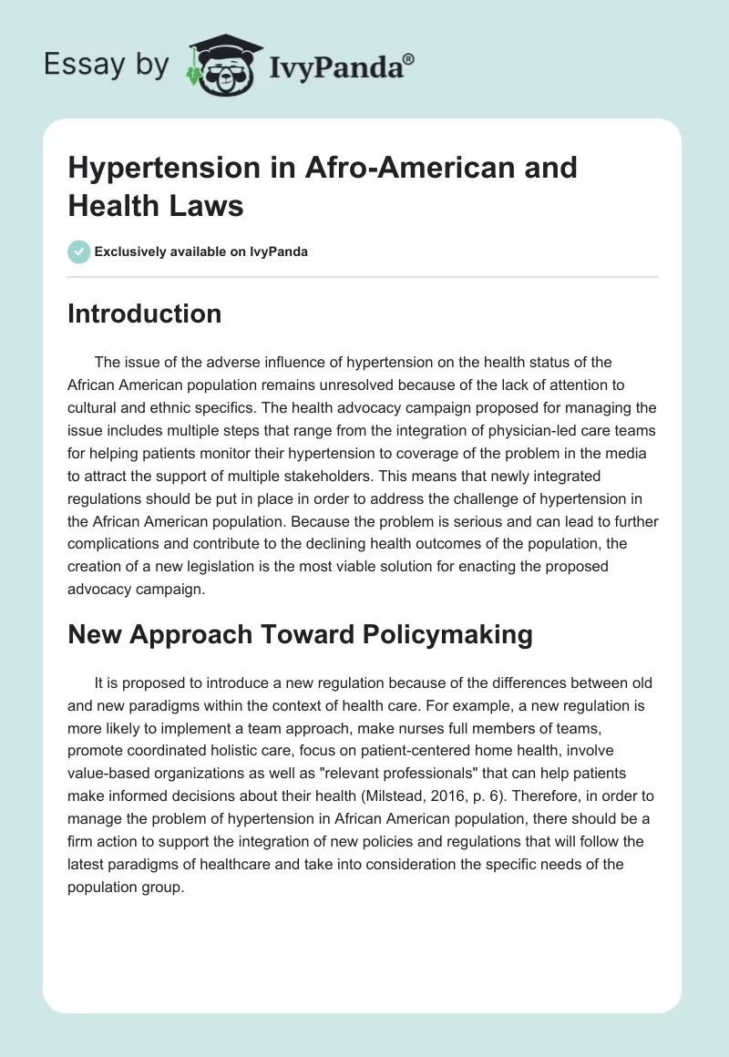 Hypertension in Afro-American and Health Laws. Page 1