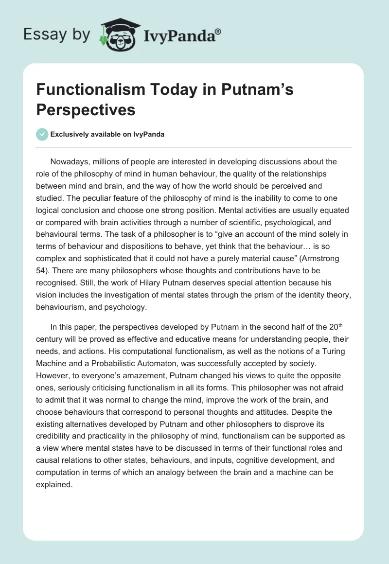Functionalism Today in Putnam’s Perspectives. Page 1