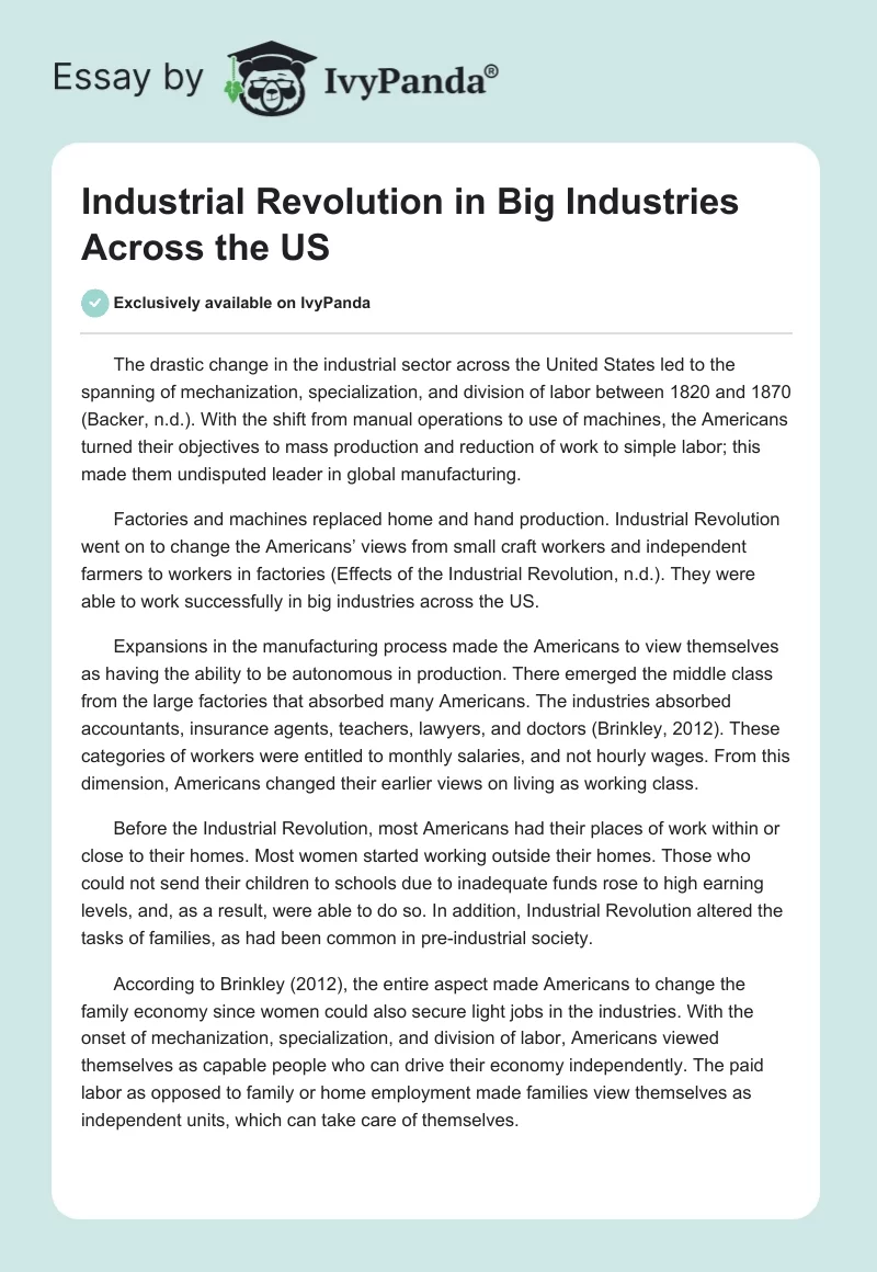 Industrial Revolution in Big Industries Across the US. Page 1
