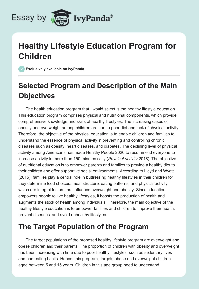 Healthy Lifestyle Education Program for Children. Page 1