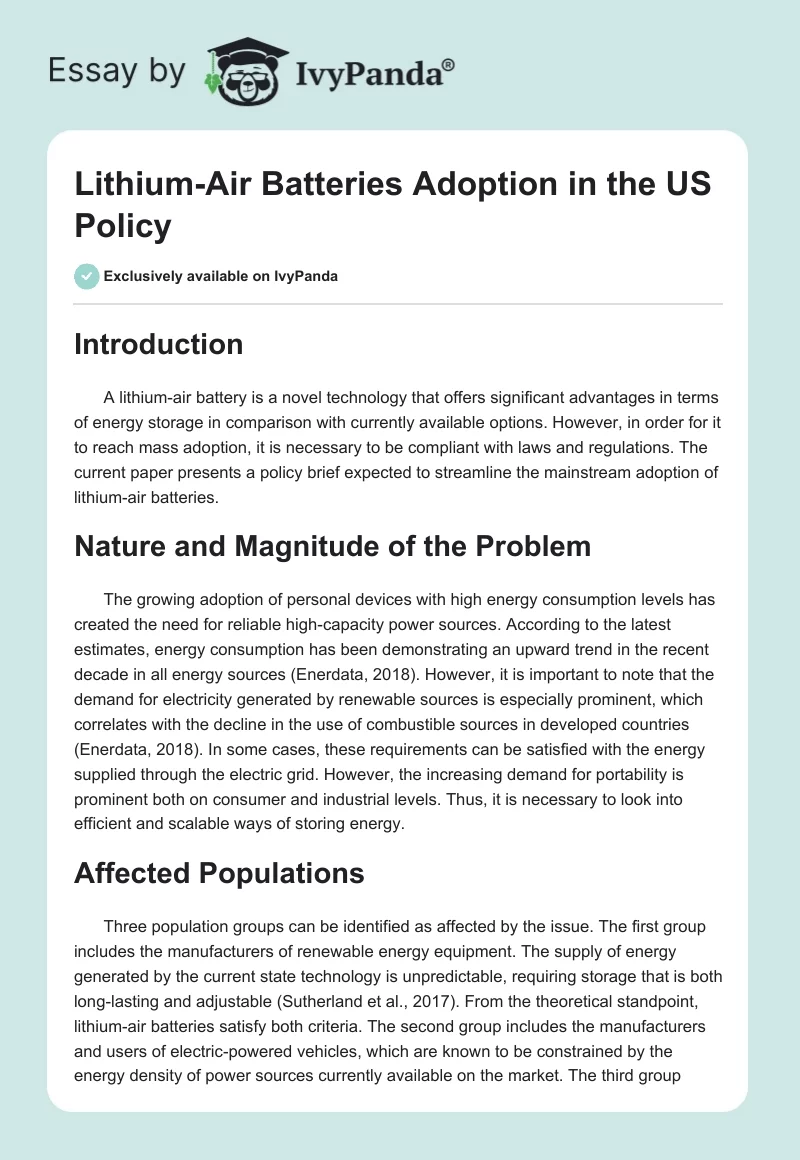 Lithium-Air Batteries Adoption in the US Policy. Page 1