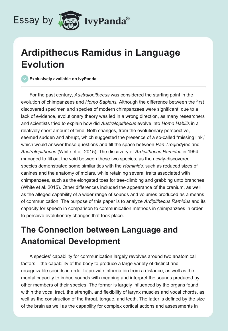 Ardipithecus Ramidus in Language Evolution. Page 1
