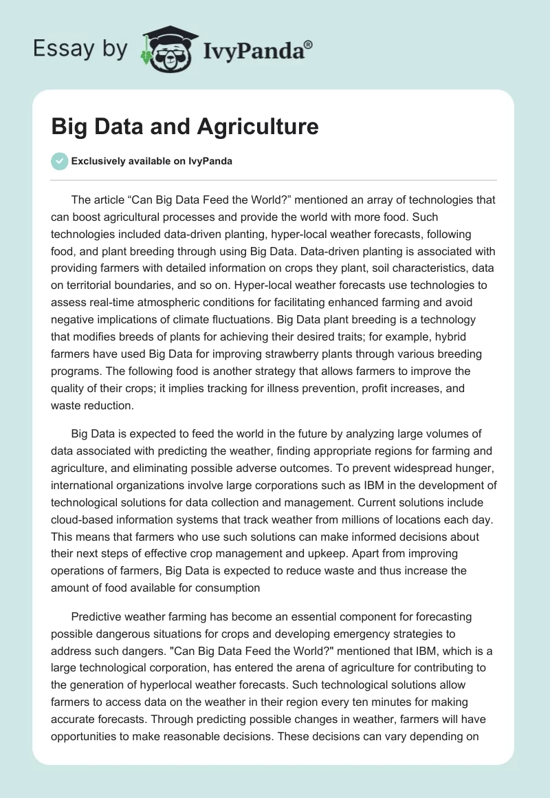 Big Data and Agriculture. Page 1