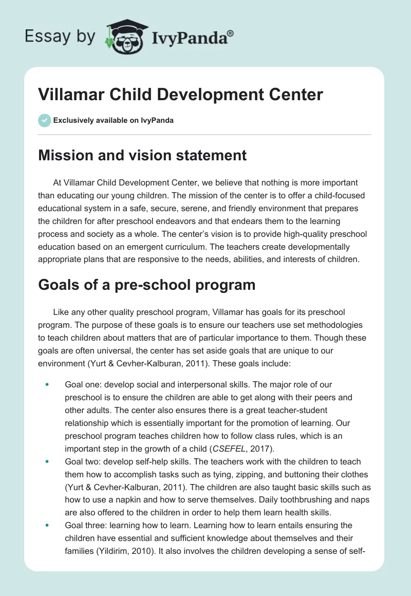 Villamar Child Development Center. Page 1