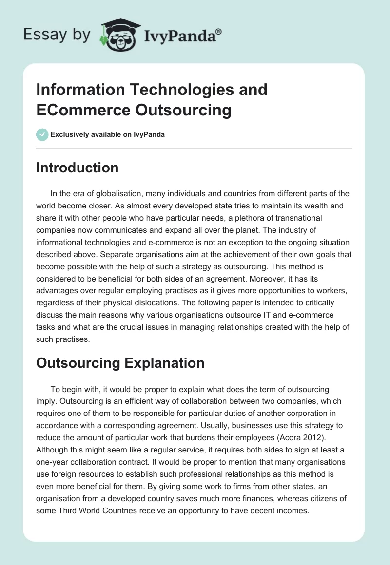 Information Technologies and E-Commerce Outsourcing. Page 1