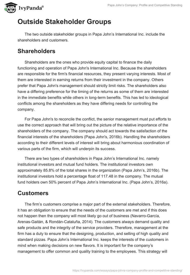 Papa John’s Company: Profile and Competitive Standing. Page 2