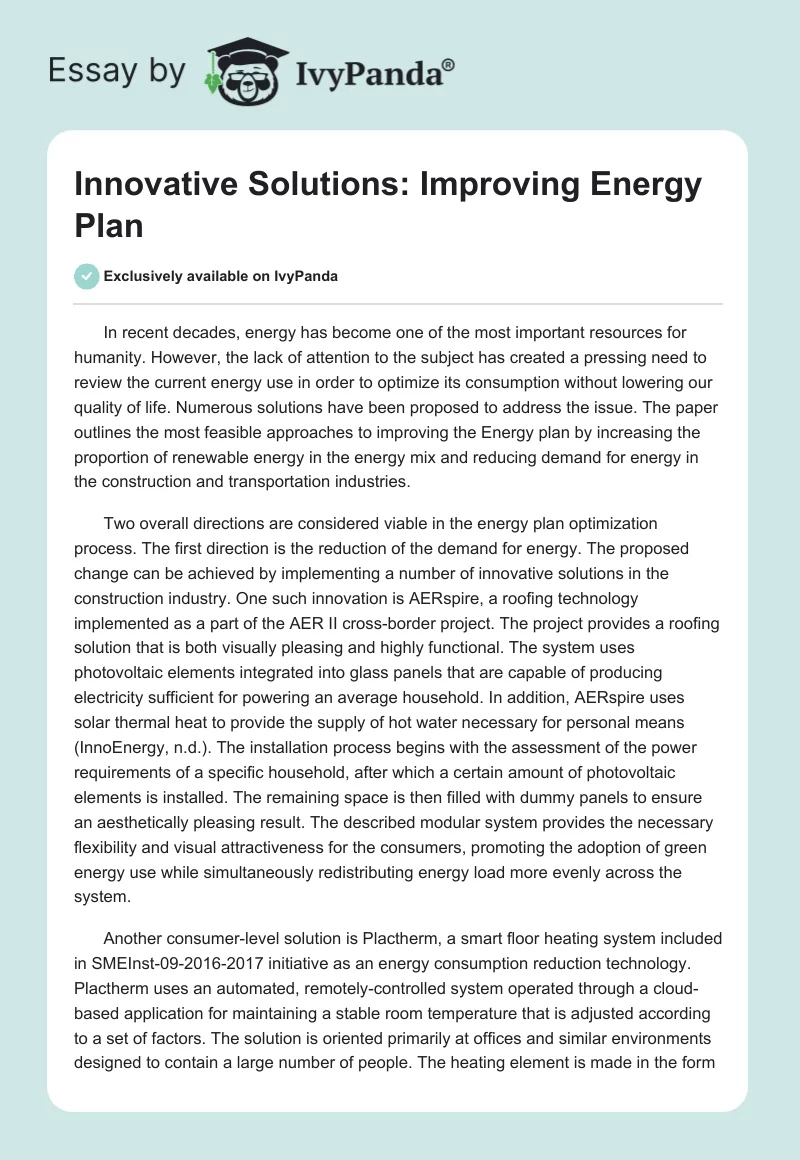 Innovative Solutions: Improving Energy Plan. Page 1