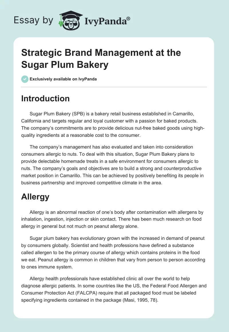 Strategic Brand Management at the Sugar Plum Bakery. Page 1