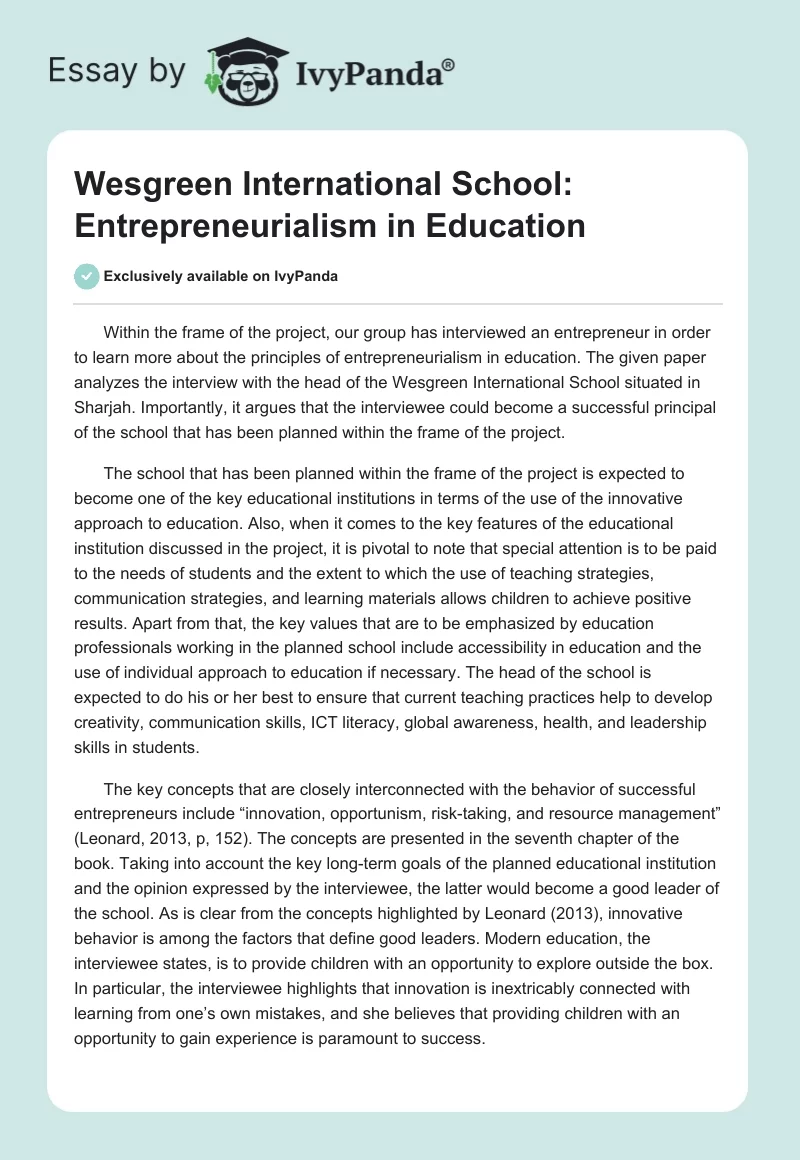 Wesgreen International School: Entrepreneurialism in Education. Page 1