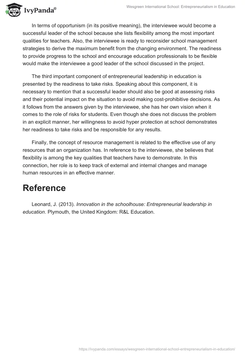 Wesgreen International School: Entrepreneurialism in Education. Page 2