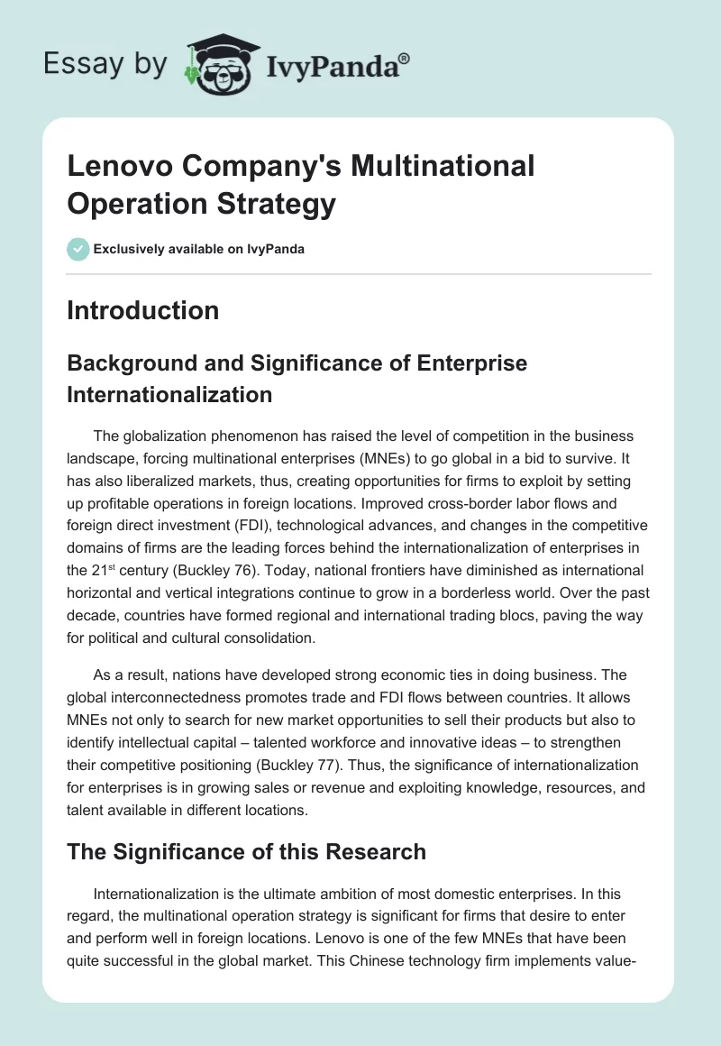 Lenovo Company's Multinational Operation Strategy. Page 1
