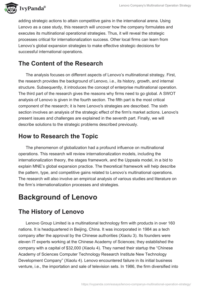 Lenovo Company's Multinational Operation Strategy. Page 2