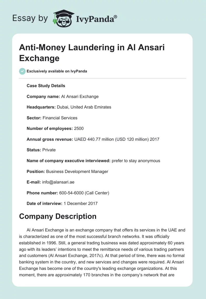 Anti-Money Laundering in Al Ansari Exchange. Page 1