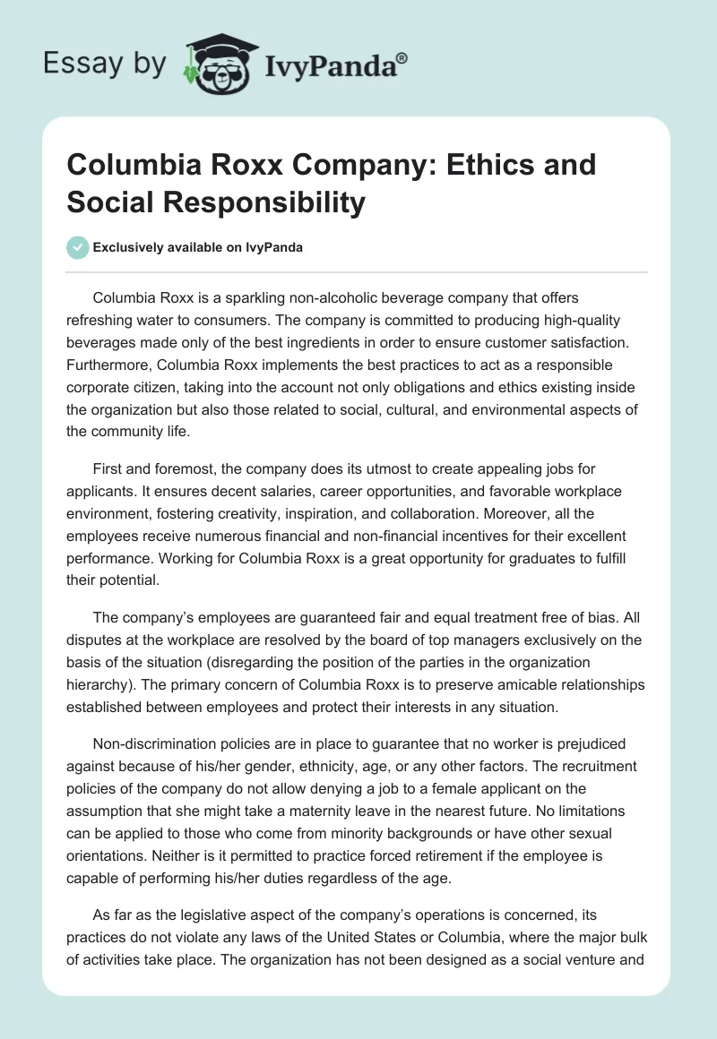 Columbia Roxx Company: Ethics and Social Responsibility. Page 1