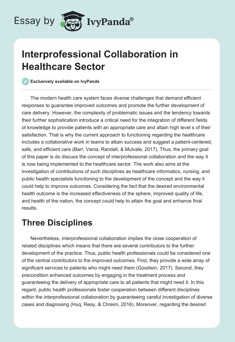 Interprofessional Collaboration in Healthcare Sector. Page 1