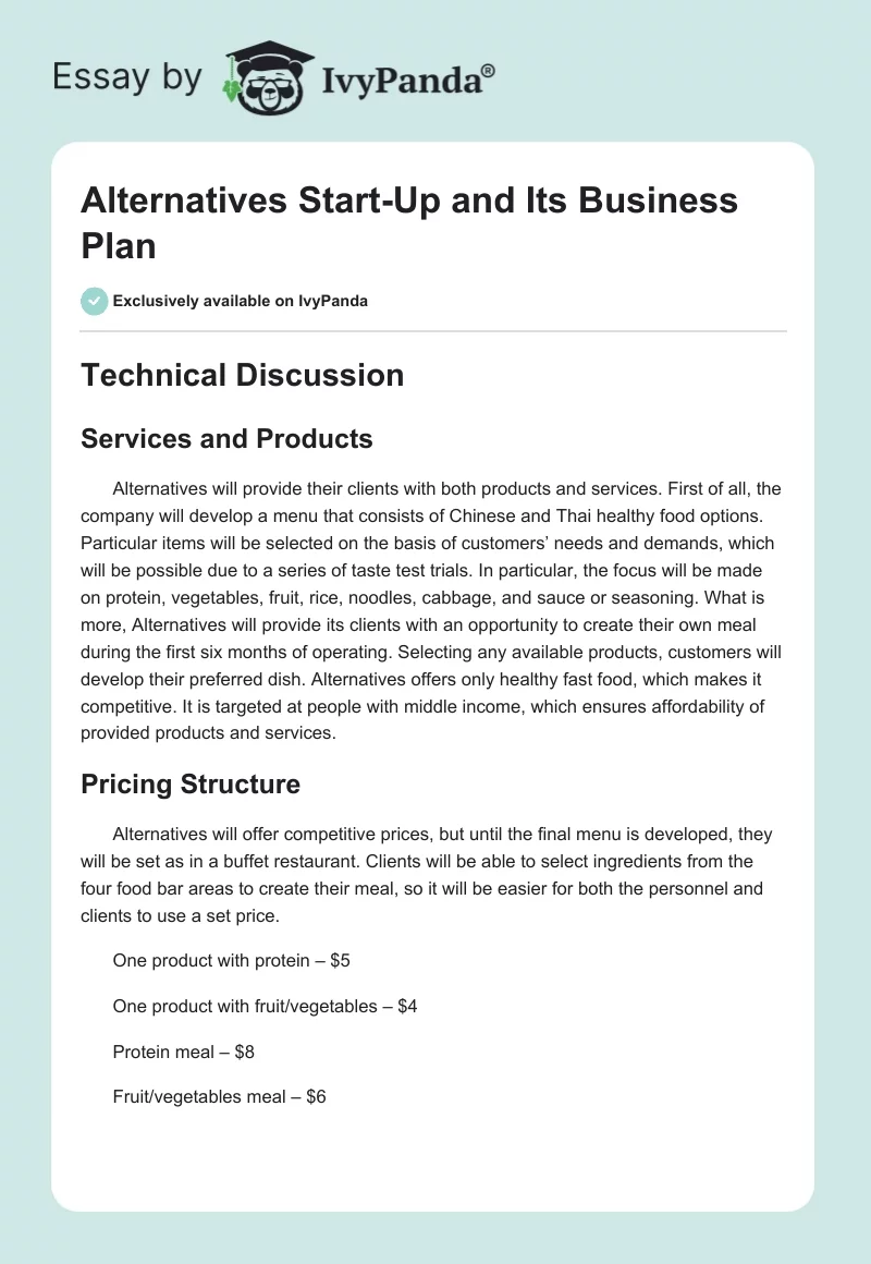 Alternatives Start-Up and Its Business Plan. Page 1