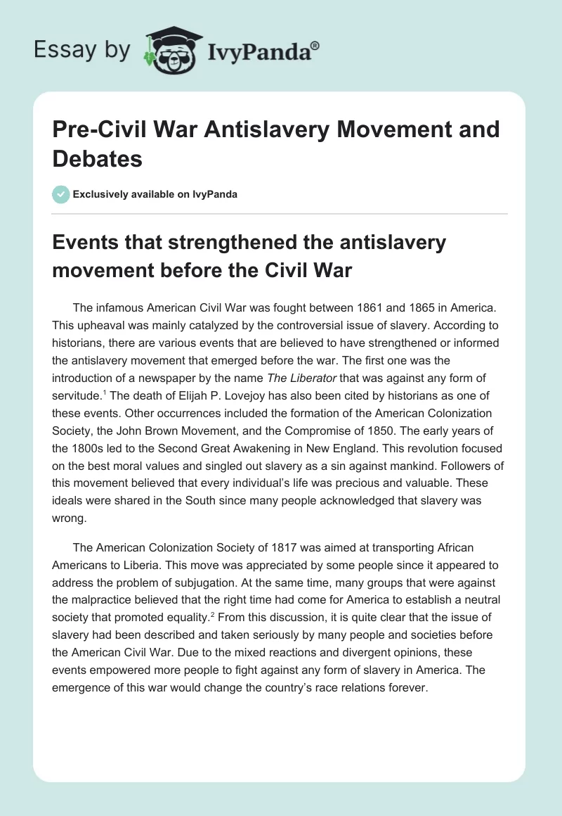 Pre-Civil War Antislavery Movement and Debates. Page 1