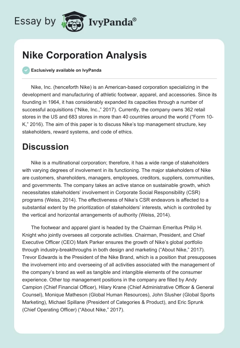 Nike Corporation Analysis. Page 1