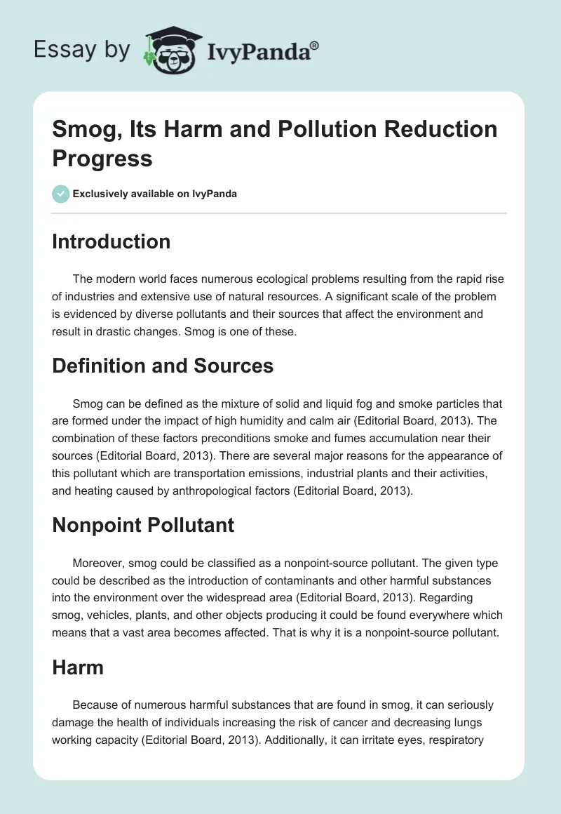 Smog, Its Harm and Pollution Reduction Progress. Page 1