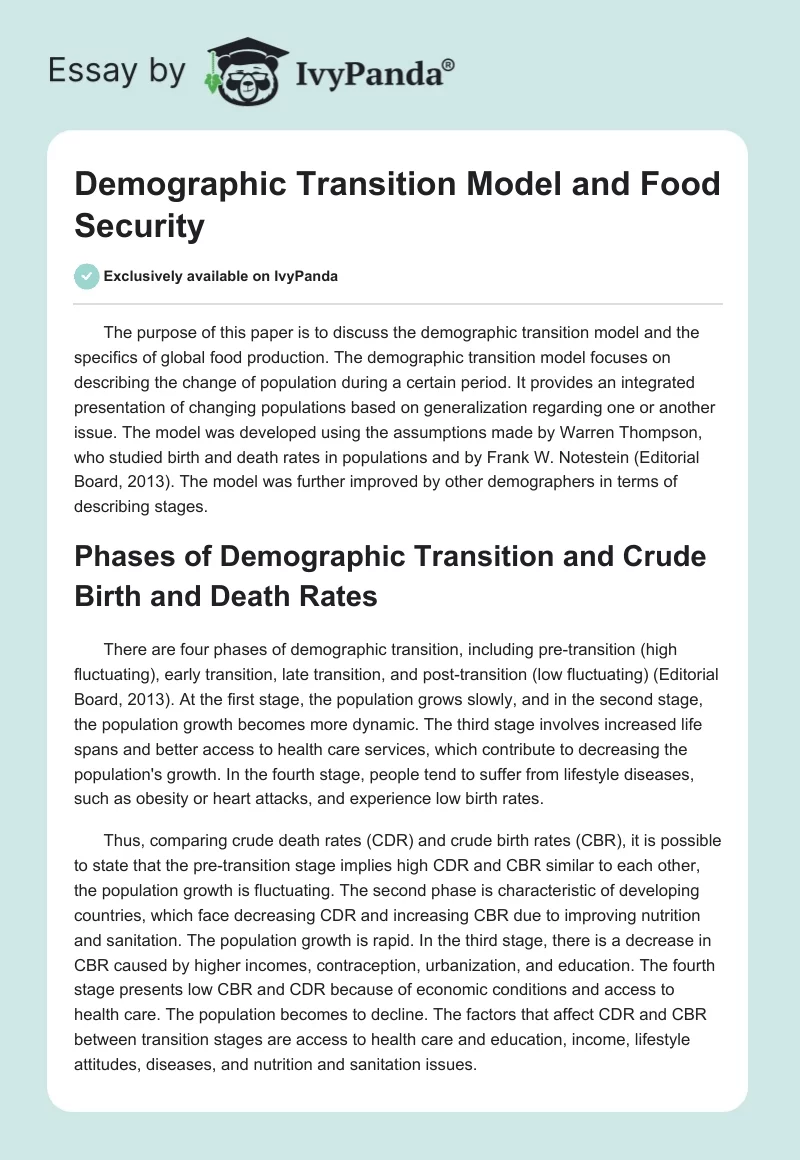 Demographic Transition Model and Food Security. Page 1