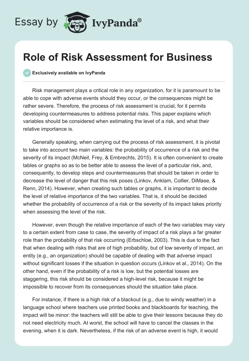 Role of Risk Assessment for Business. Page 1