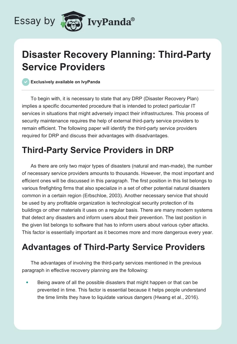 Disaster Recovery Planning: Third-Party Service Providers. Page 1