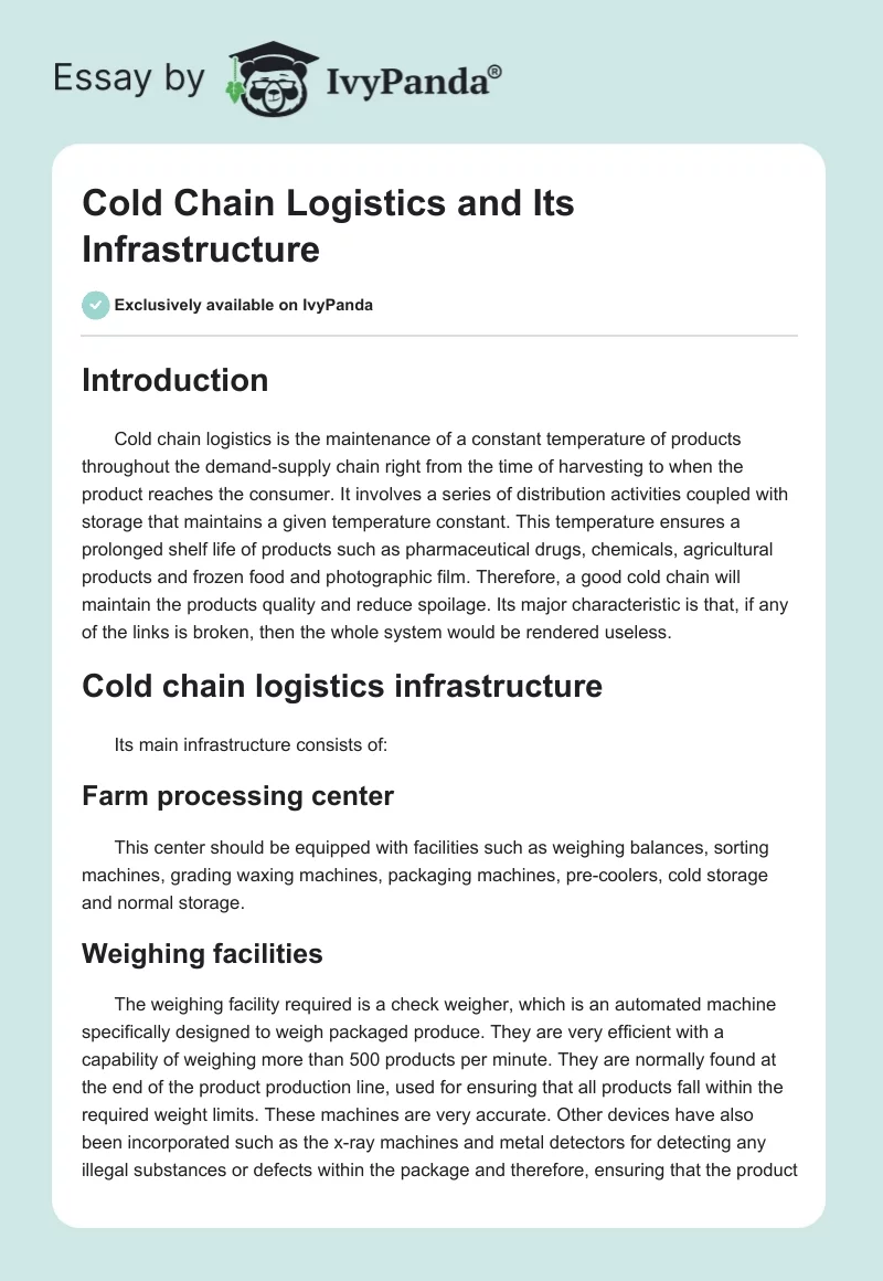 Cold Chain Logistics and Its Infrastructure. Page 1