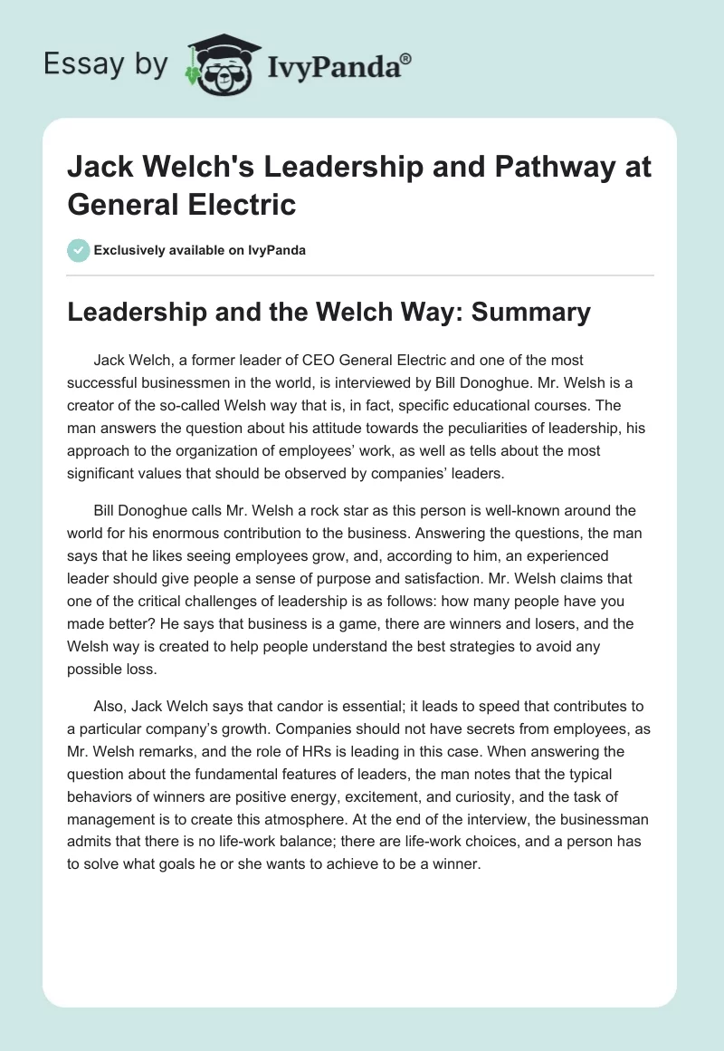 Jack Welch's Leadership and Pathway at General Electric. Page 1