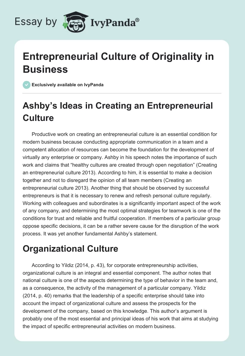 Entrepreneurial Culture of Originality in Business. Page 1