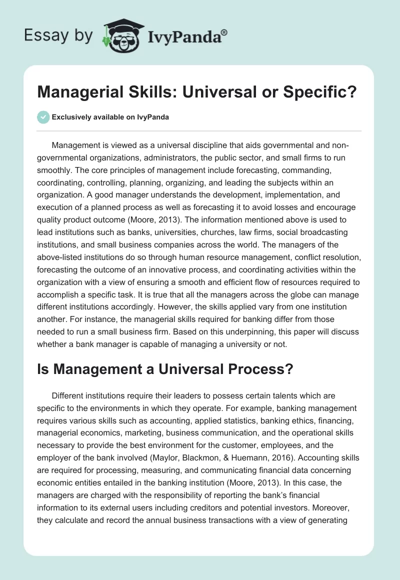 Managerial Skills: Universal or Specific?. Page 1