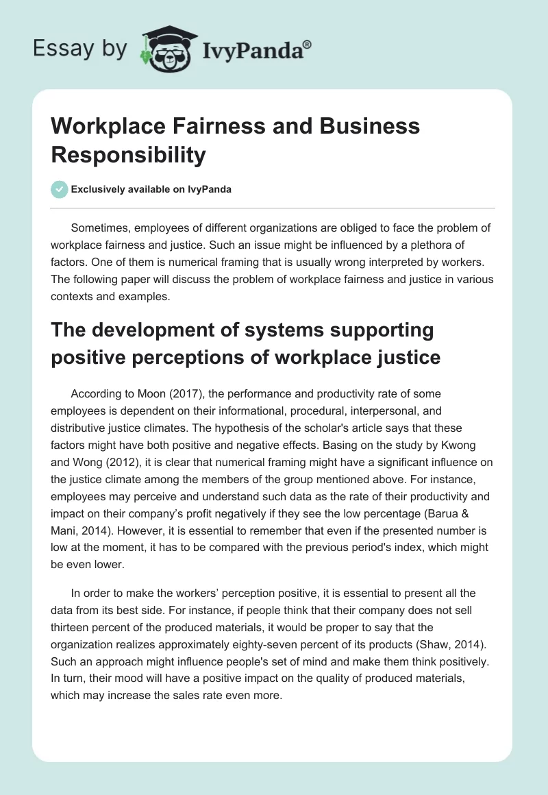 Workplace Fairness and Business Responsibility. Page 1