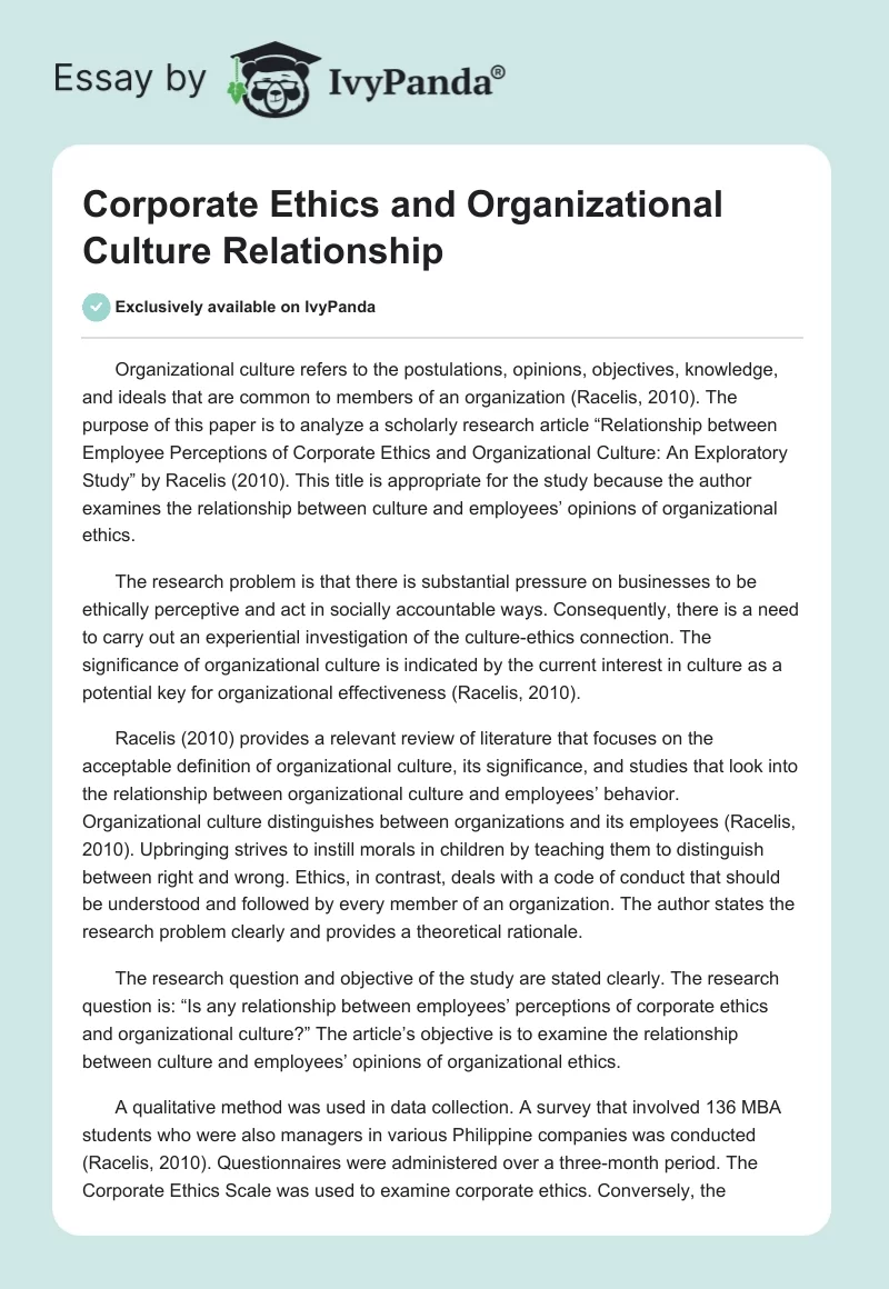 Corporate Ethics and Organizational Culture Relationship. Page 1