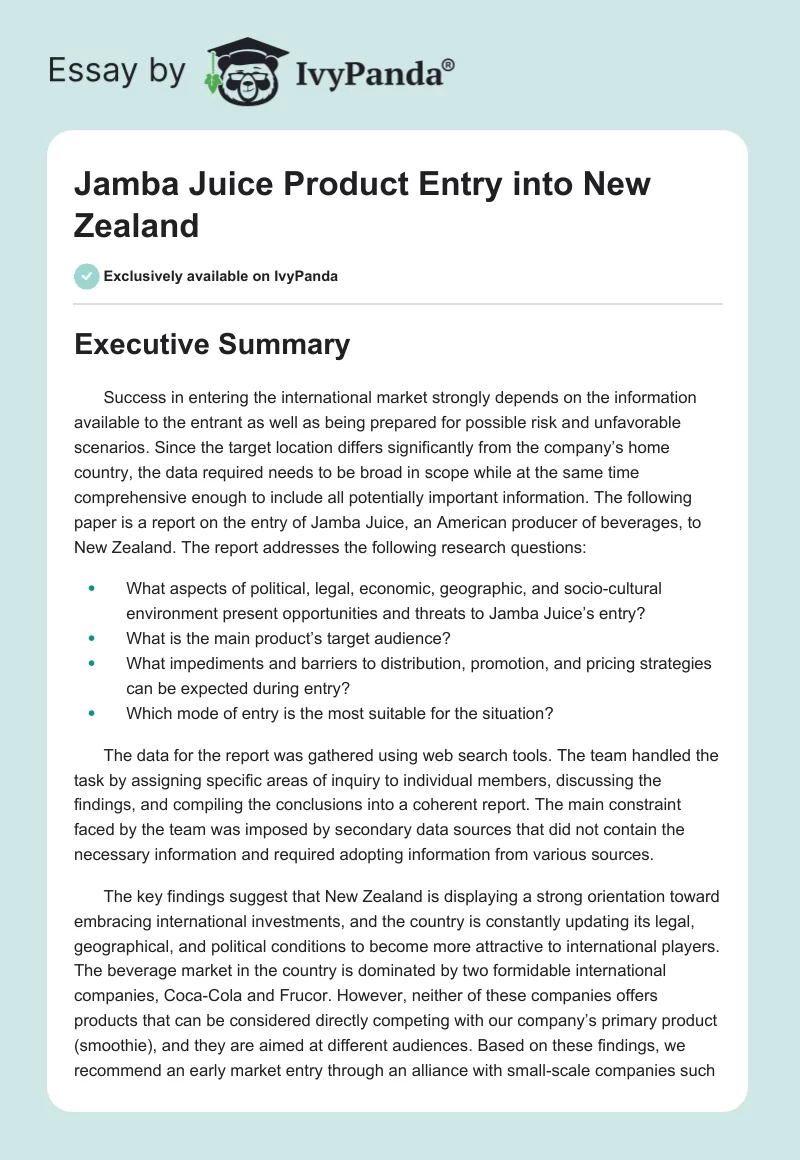 Jamba Juice Product Entry into New Zealand. Page 1