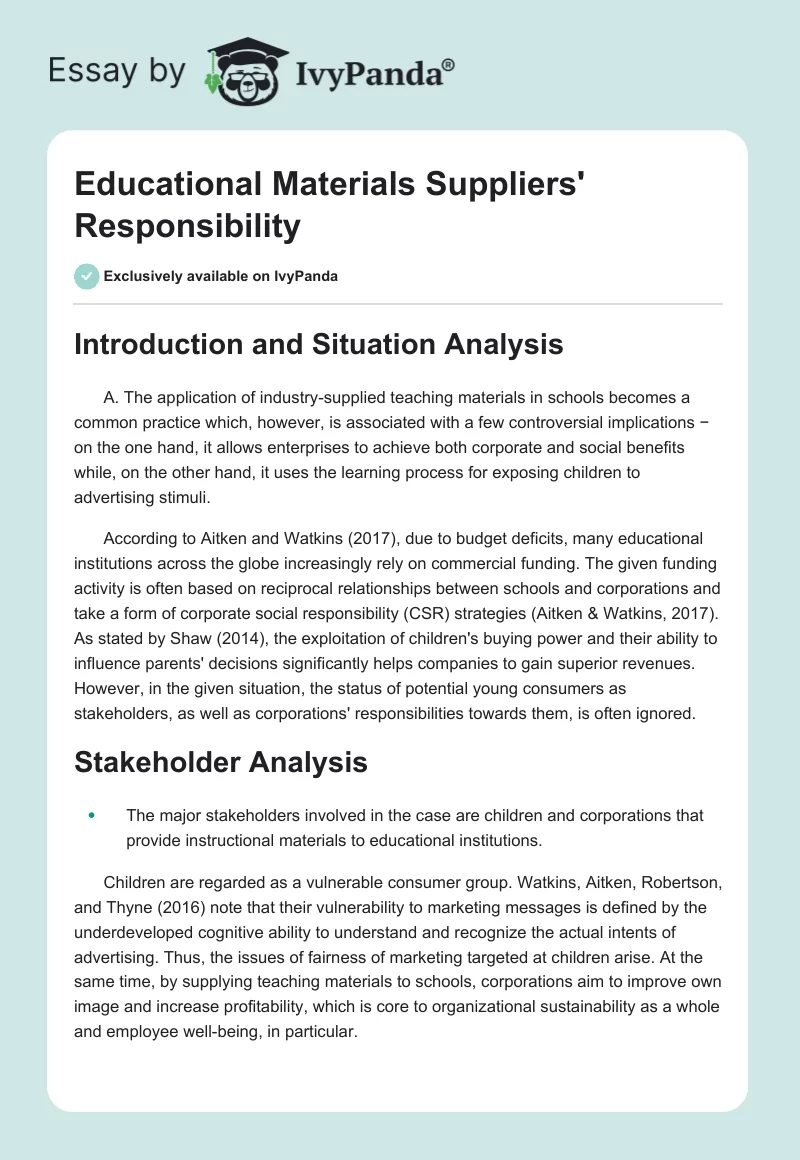 Ethical Implications of Industry-Supplied Teaching Materials in Schools. Page 1