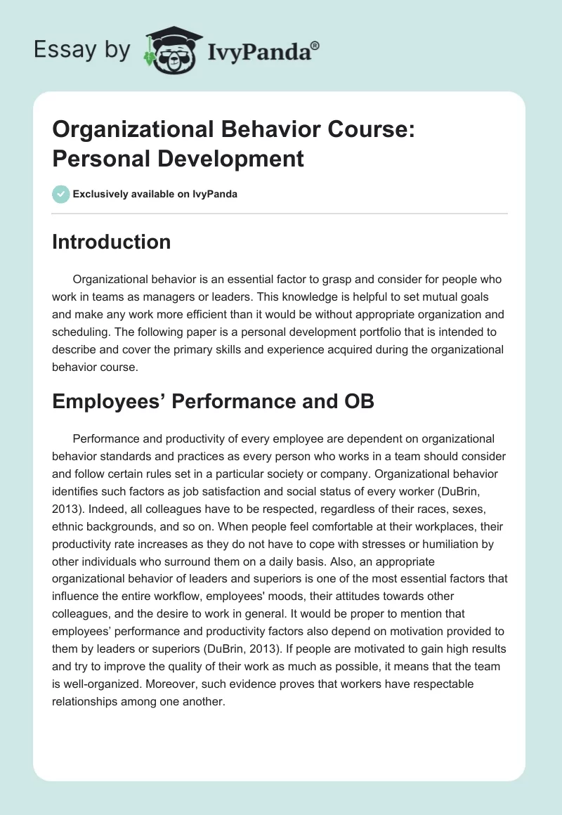Organizational Behavior Course: Personal Development. Page 1