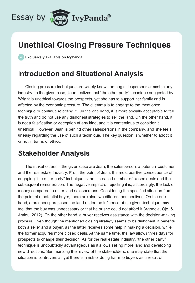 Unethical Closing Pressure Techniques. Page 1