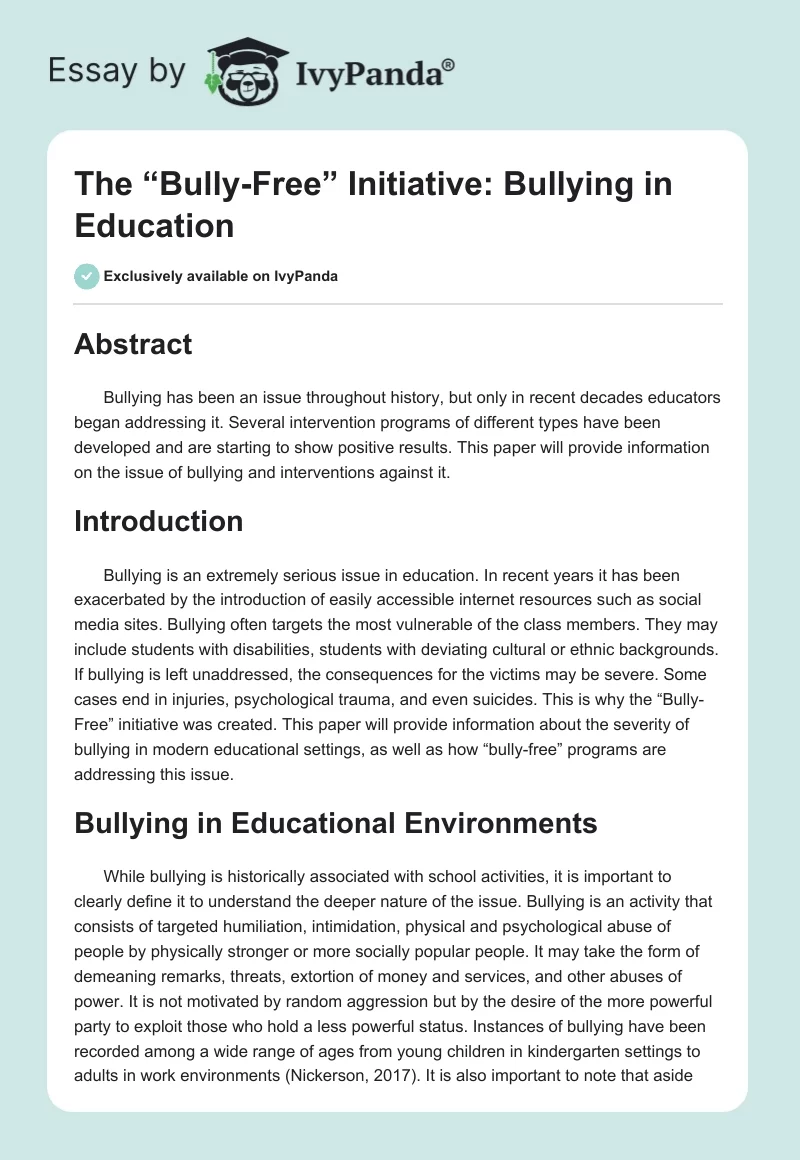 The “Bully-Free” Initiative: Bullying in Education. Page 1