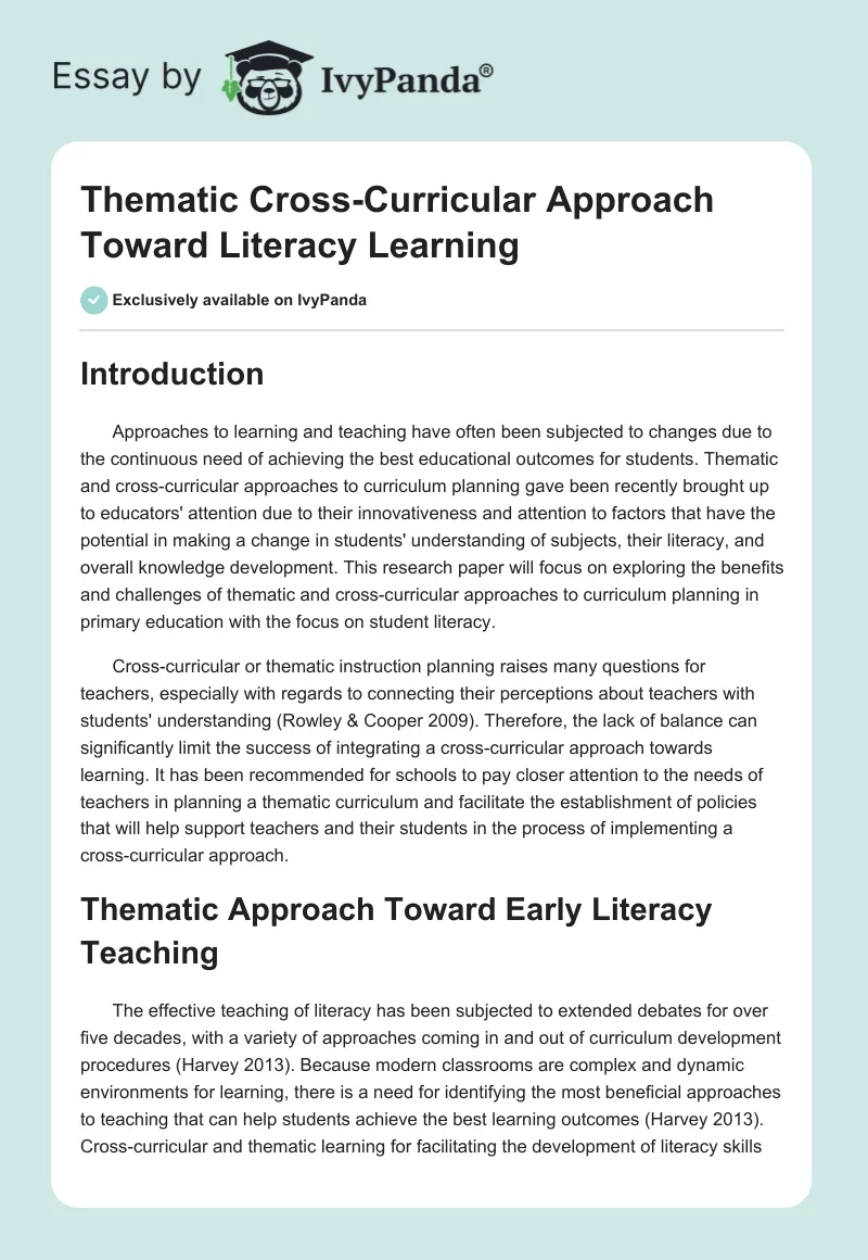 Thematic Cross-Curricular Approach Toward Literacy Learning. Page 1
