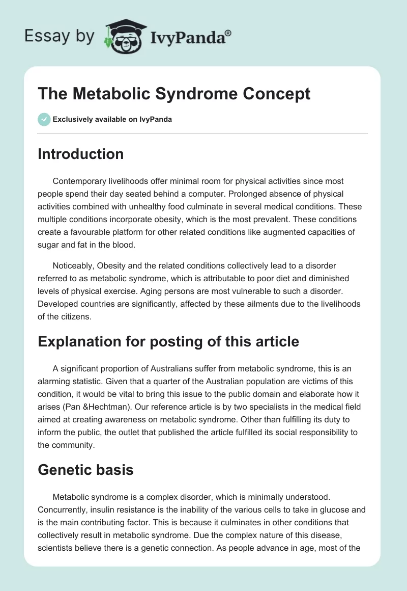 The Metabolic Syndrome Concept. Page 1