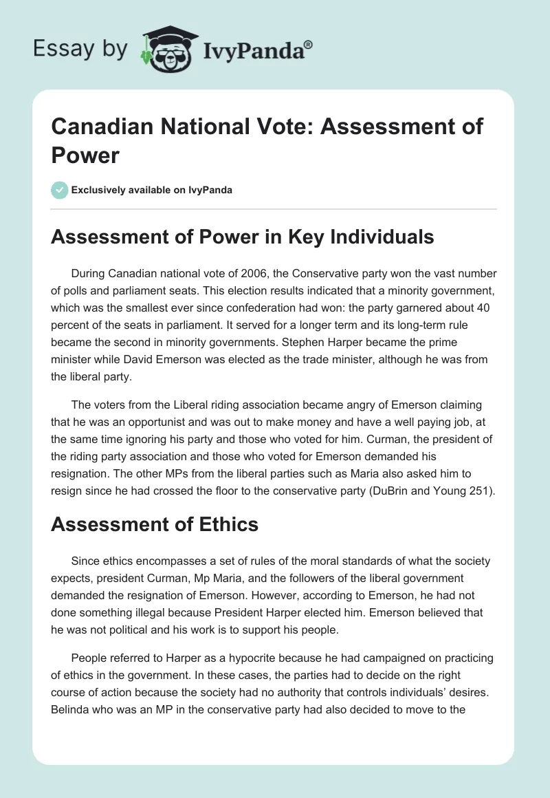 Canadian National Vote: Assessment of Power. Page 1