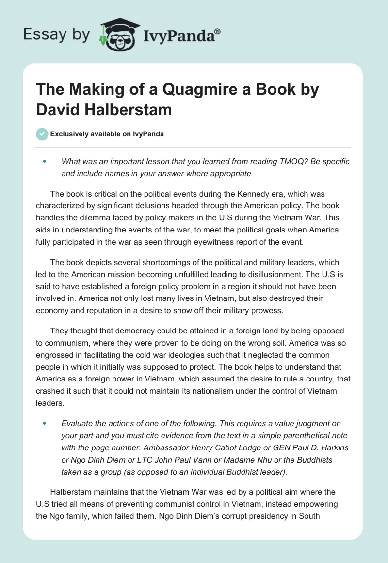 "The Making of a Quagmire" a Book by David Halberstam. Page 1