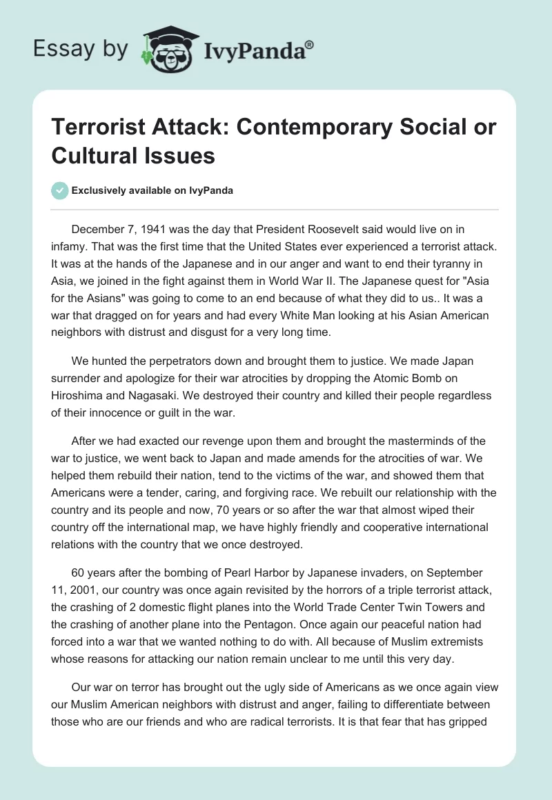 Terrorist Attack: Contemporary Social or Cultural Issues. Page 1