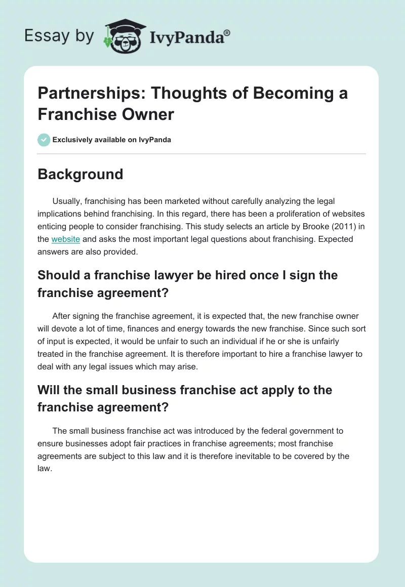 Partnerships: Thoughts of Becoming a Franchise Owner. Page 1