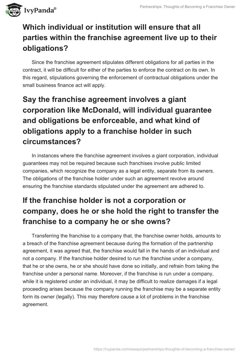 Partnerships: Thoughts of Becoming a Franchise Owner. Page 2