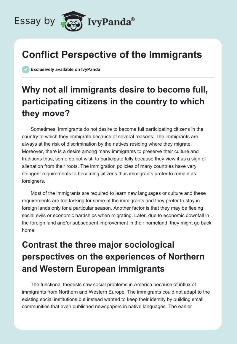Conflict Perspective of the Immigrants. Page 1