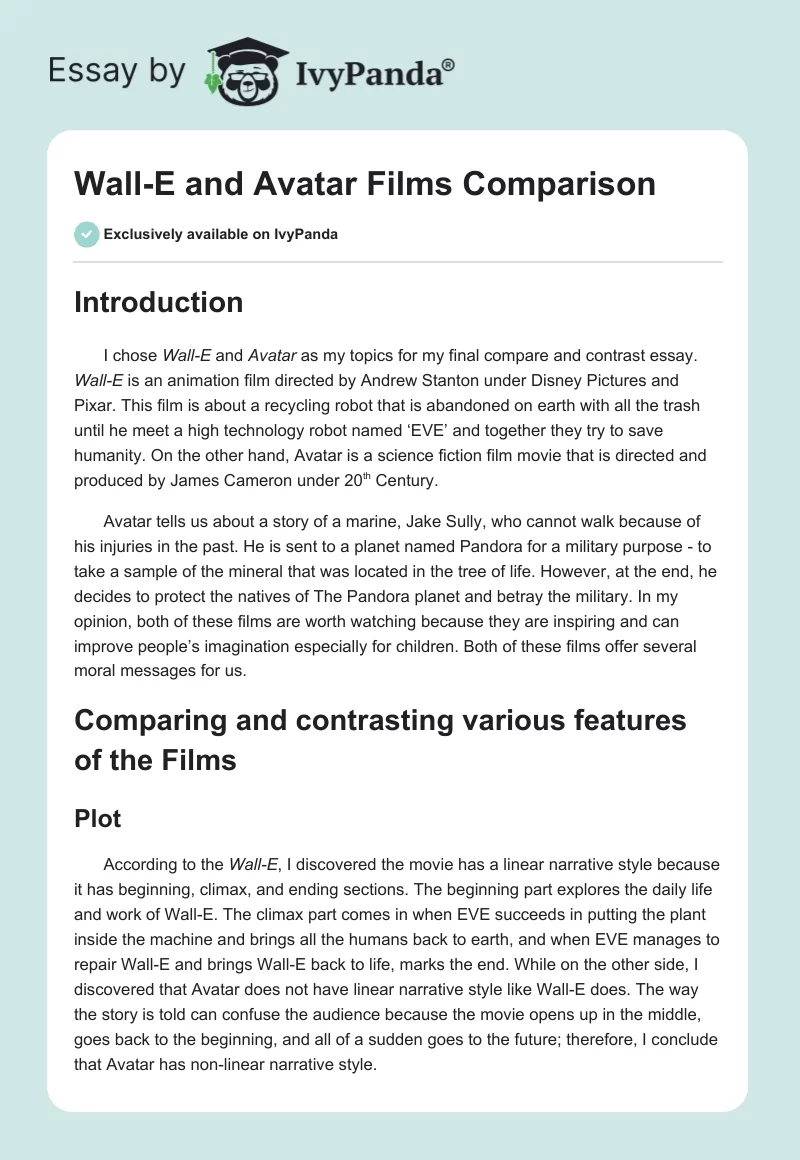 "Wall-E" and "Avatar" Films Comparison. Page 1