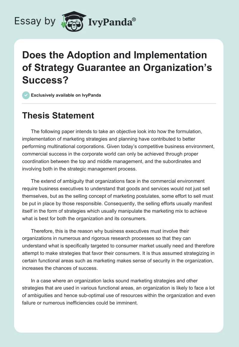 Does the Adoption and Implementation of Strategy Guarantee an Organization’s Success?. Page 1