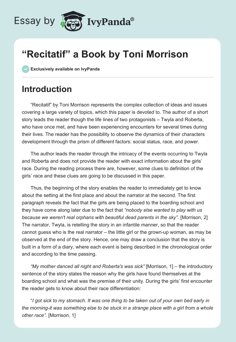 “Recitatif” a Book by Toni Morrison. Page 1