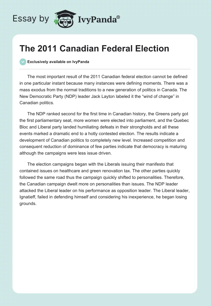 The 2011 Canadian Federal Election. Page 1