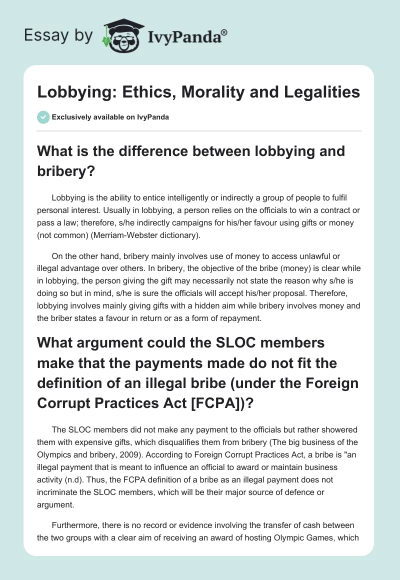 Lobbying: Ethics, Morality and Legalities. Page 1